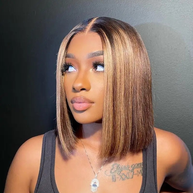 IAMSHERIKSB Highlight Straight Bob Lace Part Wig Summer Vibes Ombre Color Human Hair Clearance Flash Sale Wigs