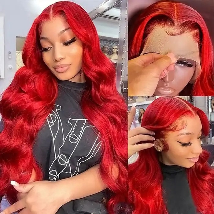 IAMSHERIKSB  Red Color Lace Front Wigs Body Wave Transparent 13x4 Lace Front Wig with Pre Plucked 200% Density Human Hair Wig