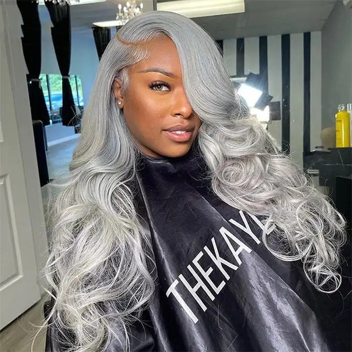 IAMSHERIKSB Silver Gray Body Wave 13x4 HD Transparent Lace Frontal Wigs 200% Density Human Hair Wigs