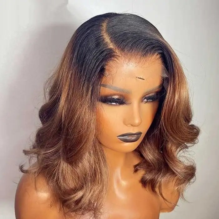 IAMSHERIKSB Lace Front Closure Wigs Elegant Short 1b/30# Ombre Brown Colored Human Hair Bob Wigs For Women 180% Density