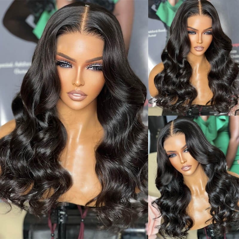 Classy Natural Black Body Wave 13x4 Frontal Lace Side Part Long Wig 100% Human Hair