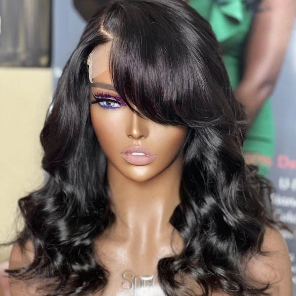 IAMSHERIKSB Graceful Natural Black Body Wave With Bangs 5x5 Closure Lace Glueless C Part Long Wig 100% Human Hair (Free Pre-cut Lace Specially)