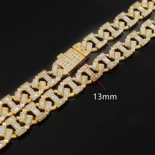 13 mm Wide Diamond-shaped Square Grid Letter Two-pointed 2.5T Diamond Full Water Drill Phop Hip-hop Trendy Cuban Chain Necklace