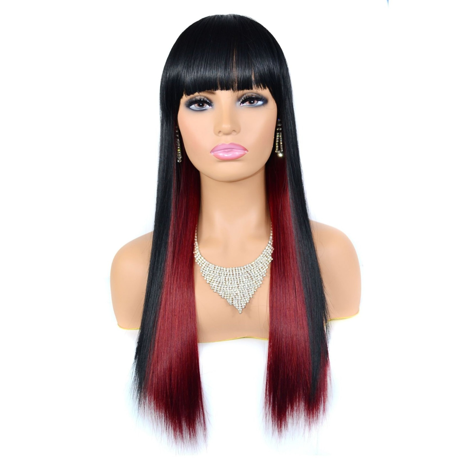 European and American Style Long Straight Hairpiece, Exported Long Straight Hairpiece with Bangs, Black and Wine Red Dyed Straight Hair Wig