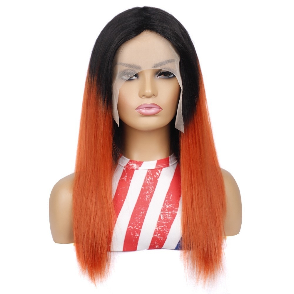 Exported Synthetic Front Lace Hairpiece, Gradual Black to Orange-Yellow Long Lace Hair Wig