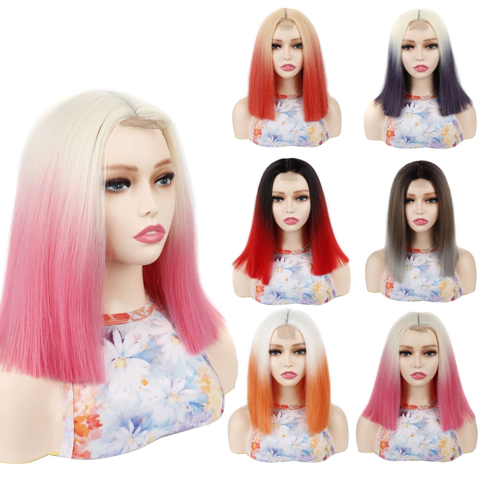 Synthetic Women's Hairpiece, Colorful Lace Medium-Length Straight Hair Wig, Middle Parting Bob Hair Wig Wholesale