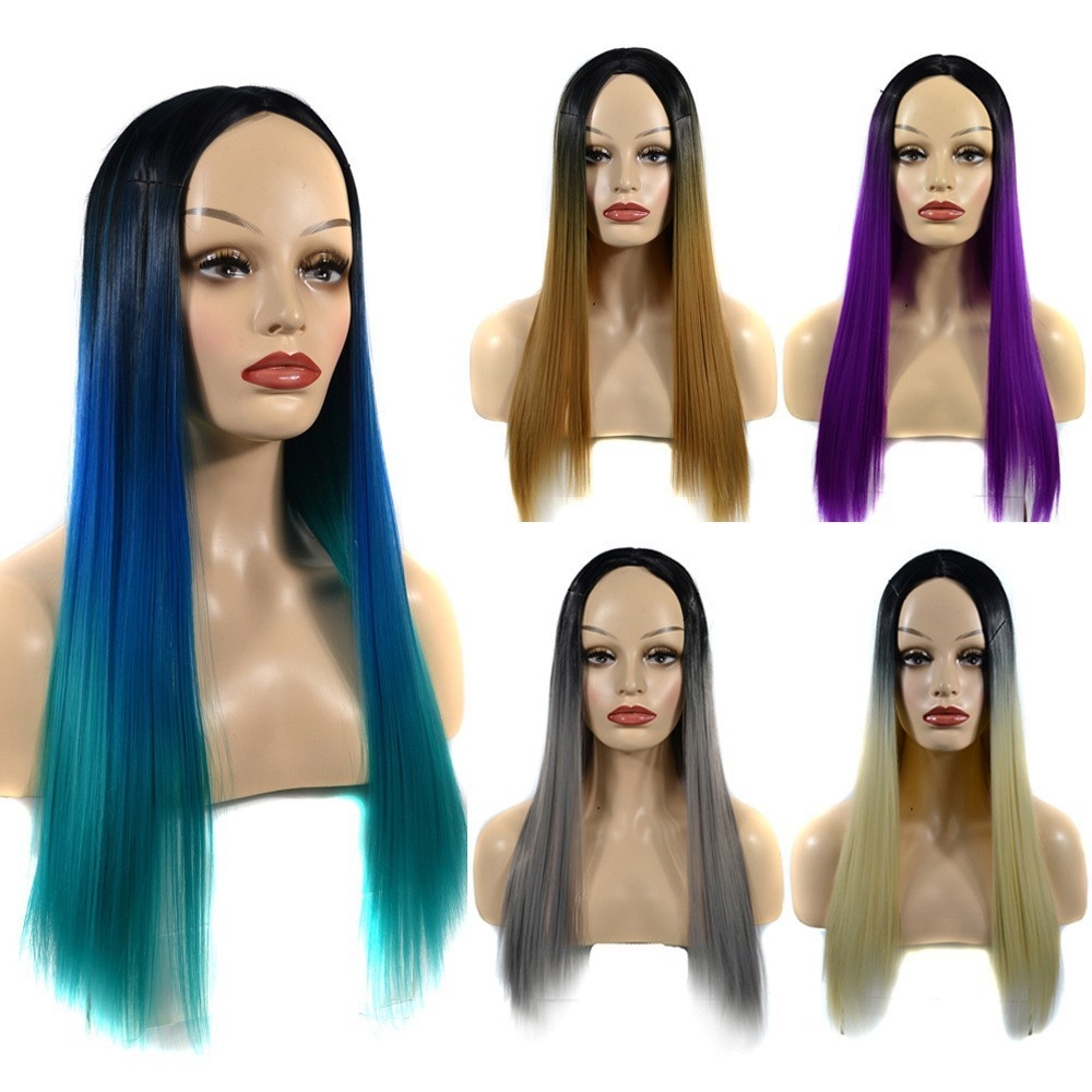 European and American Style Women's Hairpiece, Straight Hair Wig with Color Gradient and Middle Parting, Stocked Synthetic Hair Cover Wholesale