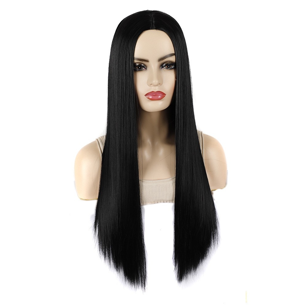 Exported European and American Style Black Hair Wig, Middle Parting Full Head Straight Hair Wig, Synthetic Hairpiece for African Women