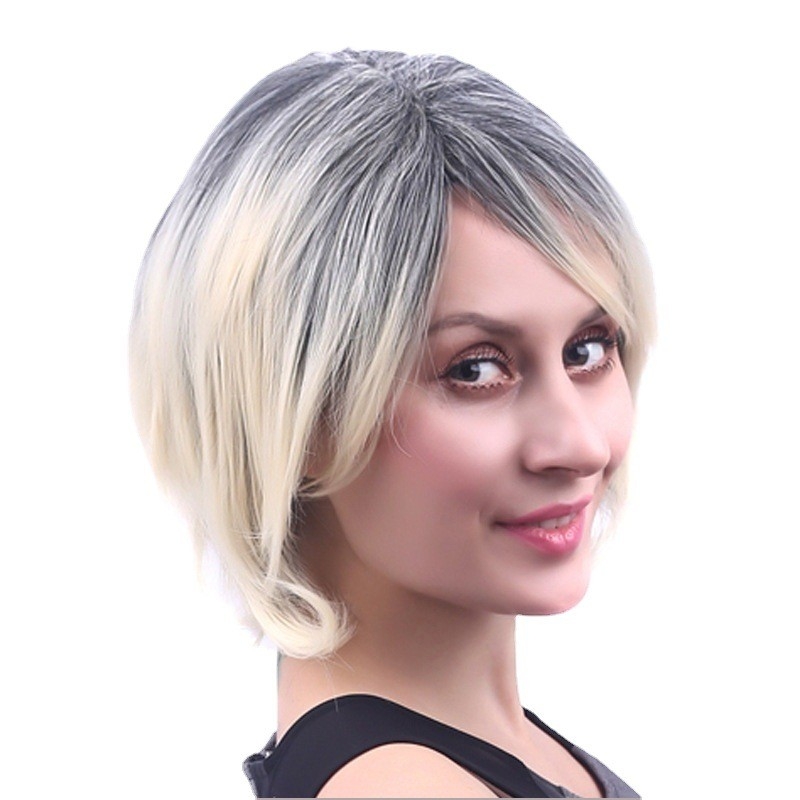 Exported European and American Style Wig Head Cover, Middle Parting Diagonal Bangs Black to Off-White Gradient Short Wig, Short Wavy Hair Cover