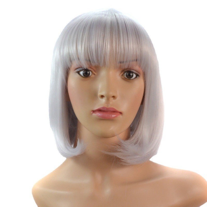 European and American Style Wig Head Cover, Student Bob Hair Short Bangs Women's Silver White Wig, Wholesale Synthetic Hair Cover