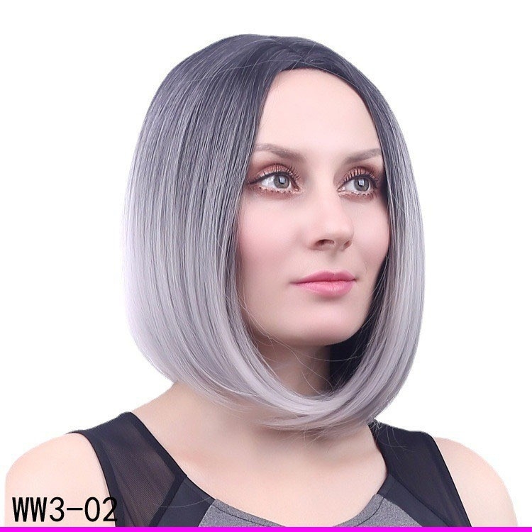 Bob Hair Wig Head Cover, Short Bob Hair Middle Parting Wig Head Cover, Black to Granny Gray Gradient Short Hair Cover