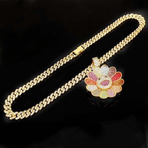 Cuban Chain Sunflower Sunflower Colorful Petals Smiling Face Rotatable Hiphop Pendant Necklace