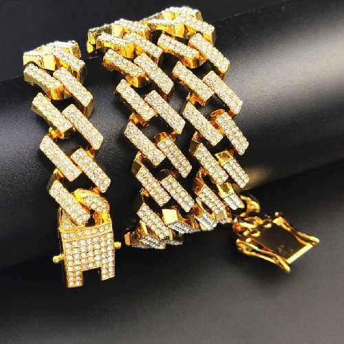 14mm Wide Square Diamond-shaped Bar Lobster Clasp Popular Rap Hiphop Cuban Chain Wholesale