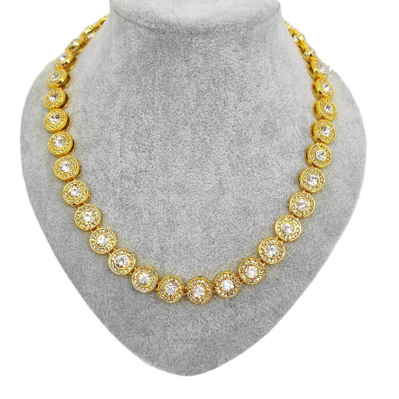 Simple Round Diamond Necklace with One Diamond in the Middle, 13mm Wide Double-layer Gold Chain Full Drill Hiphop Rap Hiphop Necklace