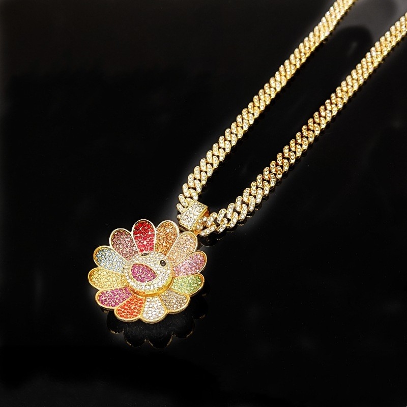 Sunflower Cuban Chain Colorful Petals Smiling Face Hiphop Pendant Necklace