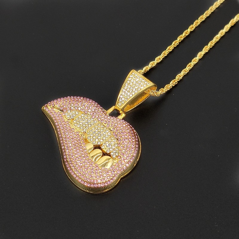 New Pink Lipstick Pendant Necklace with Diamond Accents, Hiphop Fashion