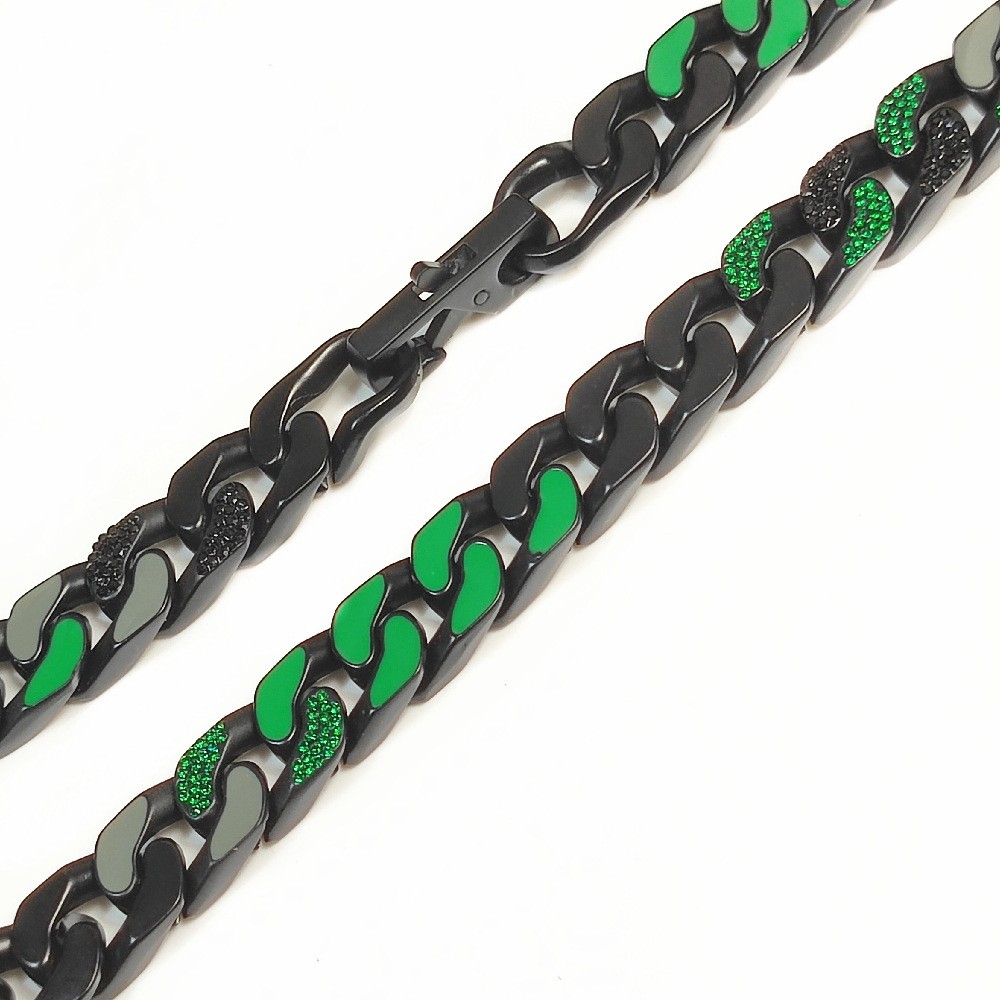 Minimalist Black Chain Green Gemstone Enamel Cuban Necklace, Hiphop Fashion