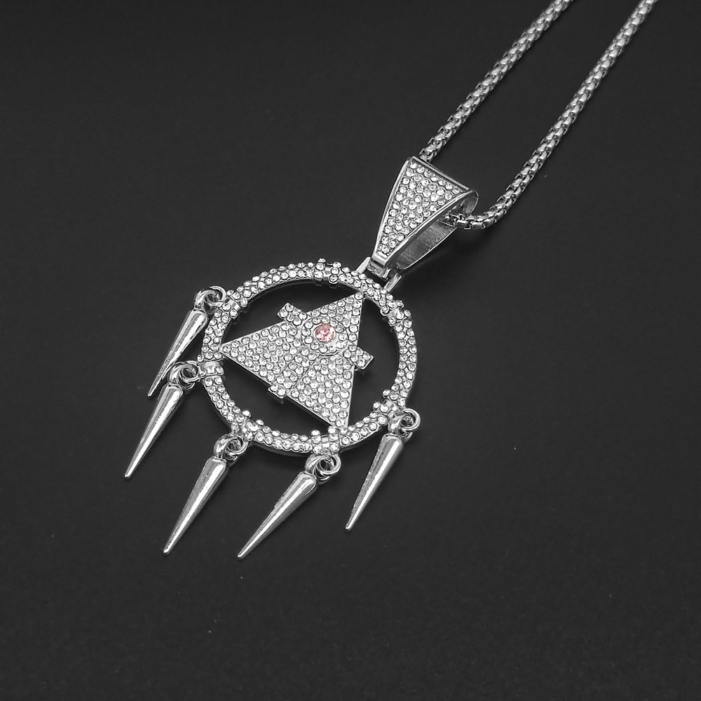 Hiphop Pendant Necklace with Geometric Triangle and Wisdom Wheel