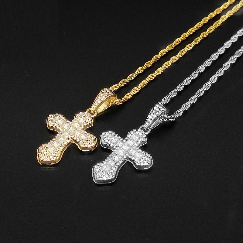 Colorful Full Drill Cross Necklace, Heavy-duty Hiphop Fashion