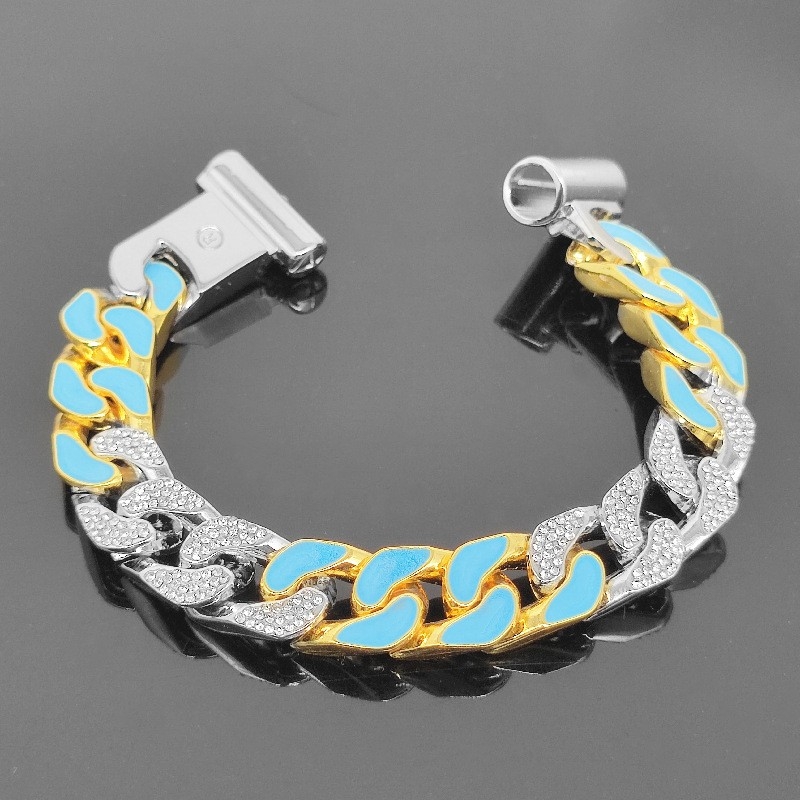 Men's White Diamond Blue Interval Spliced Hiphop Rap Accessory, Full Drill Enamel Coated Bracelet