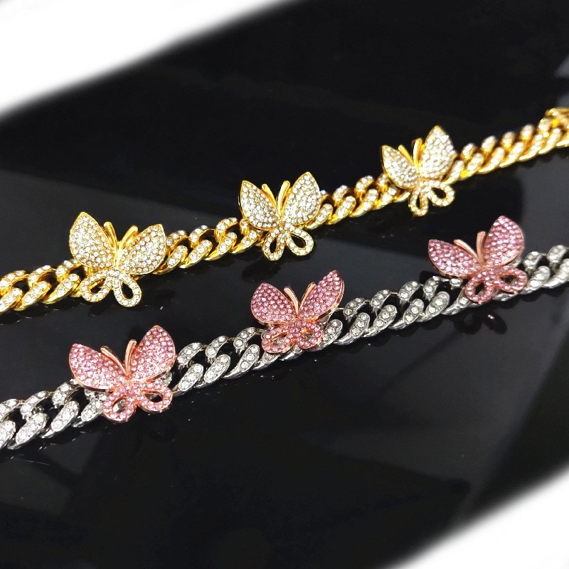 Overseas Best-selling Hiphop Single Diamond 3 Butterfly Cuban Anklet, Diamond-Encrusted Butterfly Element High-end Anklet for Women