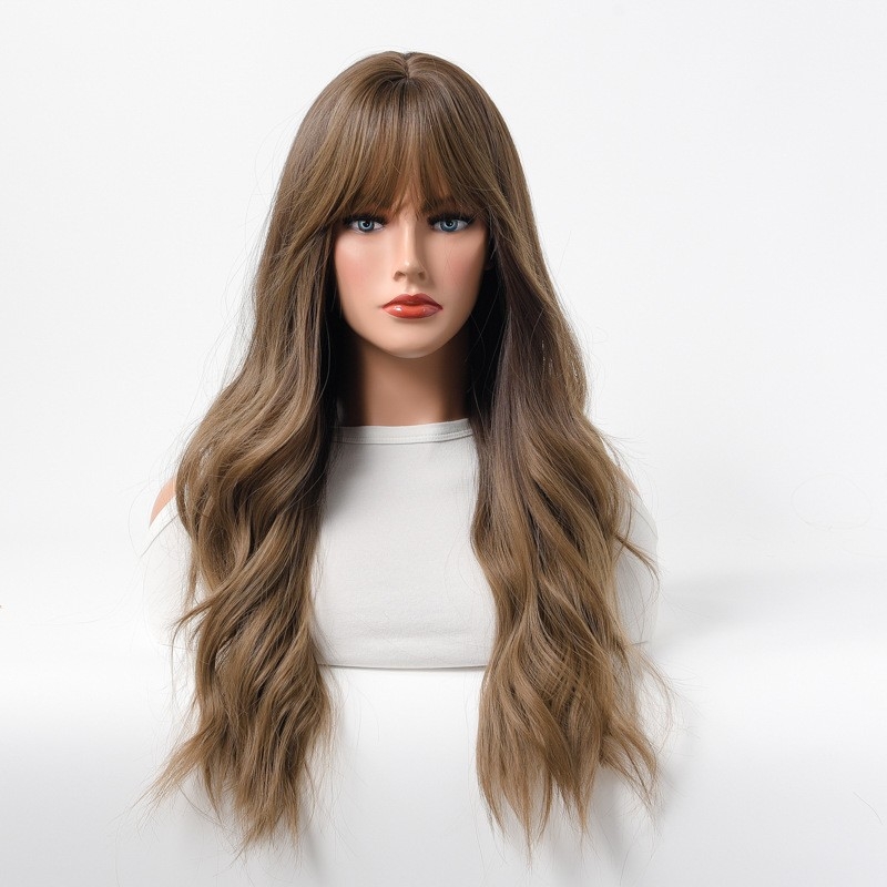 Fashionable New Style Full Head Wig for Women with Long European and American Hair, Bangs, and Large Waves for Round Faces - Exported Hairpiece