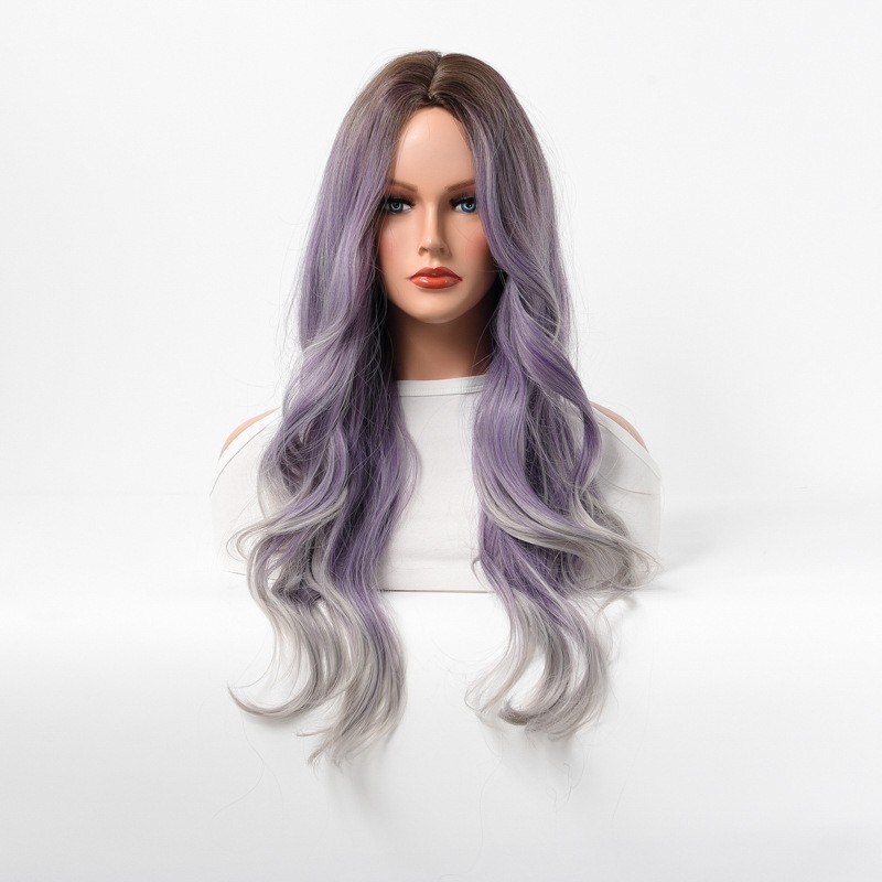 High-Temperature Synthetic Hair Headband Wig in Brown Ombre, Purple, and Gray with Center Parting - European and American Hairpiece