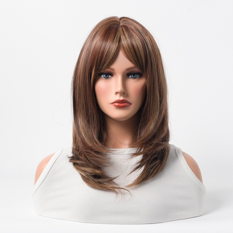 European and American Intellectual Wig for Women with Brown Ombre, Eight-Shaped Long Bangs, and Textured Medium-Length Hair