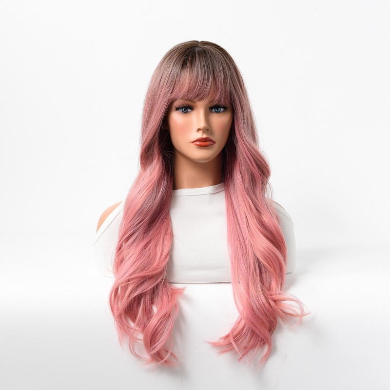 Cross-Border Pink European and American Wig - Dyed Headband with Long Curly Hair, Full Head Wig for Women - Dropshipping Available