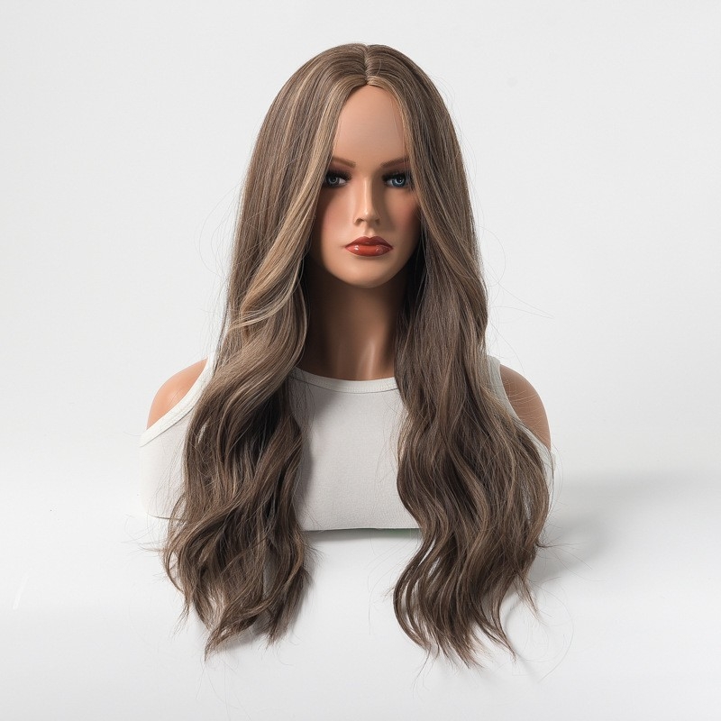 Brown to Golden Gradient Long Curly Hair Wig - European and American Style - Synthetic Fiber - Center Parting - Full Head Wig