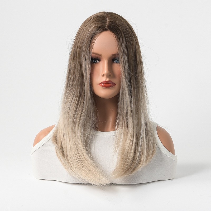 Brown and White Gradient Center-Parted Medium Straight Hair Wig - Mechanism-Made High-Temperature Synthetic Fiber - Women's European and American Style Wig