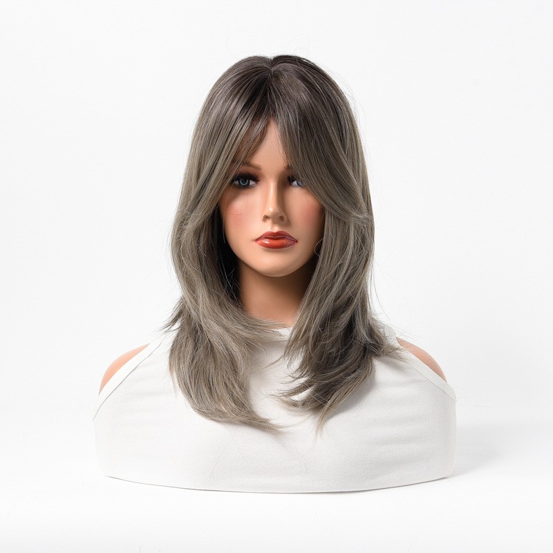 European and American Style Wig for Women - Gradient Color Eight-Shaped Bangs - Medium-Length Curly Hair - Synthetic Fiber - Full Head Wig