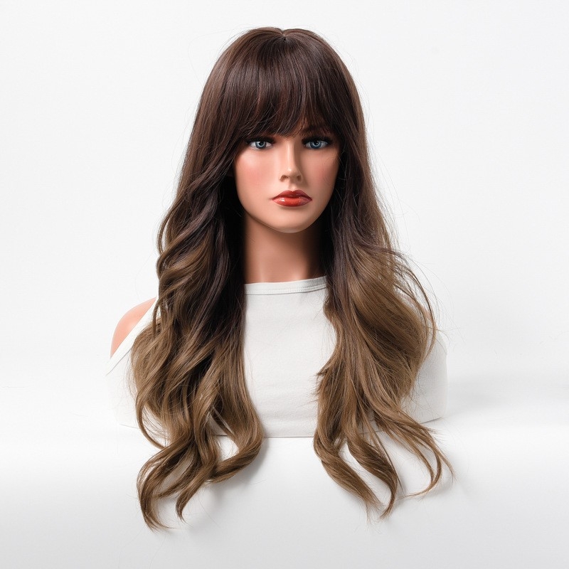 Cross-Border Amazon European and American Style - Fashionable Wig for Women - Water Ripple Waves - Bangs with Brown Long Curly Hair - Full Head Wig