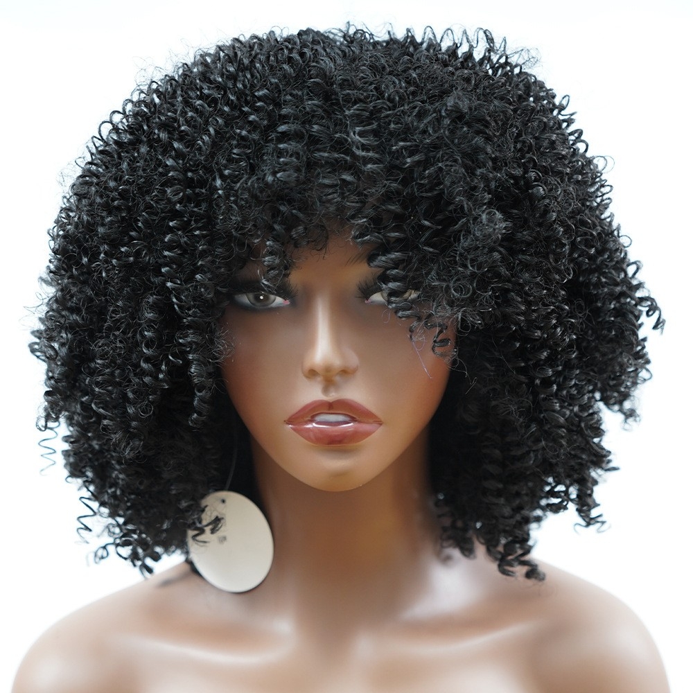 Wholesale Cross-border African Hairpiece Set Synthetic Fiber High-Temperature Afro Kinky Curly Short Curly Hairpiece with Wig Cap