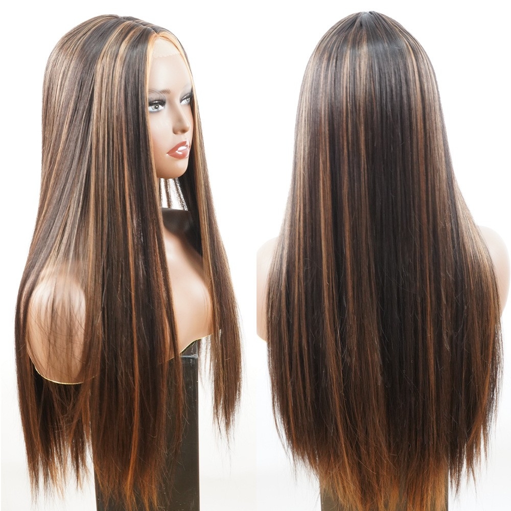 Factory Wholesale Cross-border Synthetic Fiber Lace Front Two-tone Long Straight Wig with Middle Parting