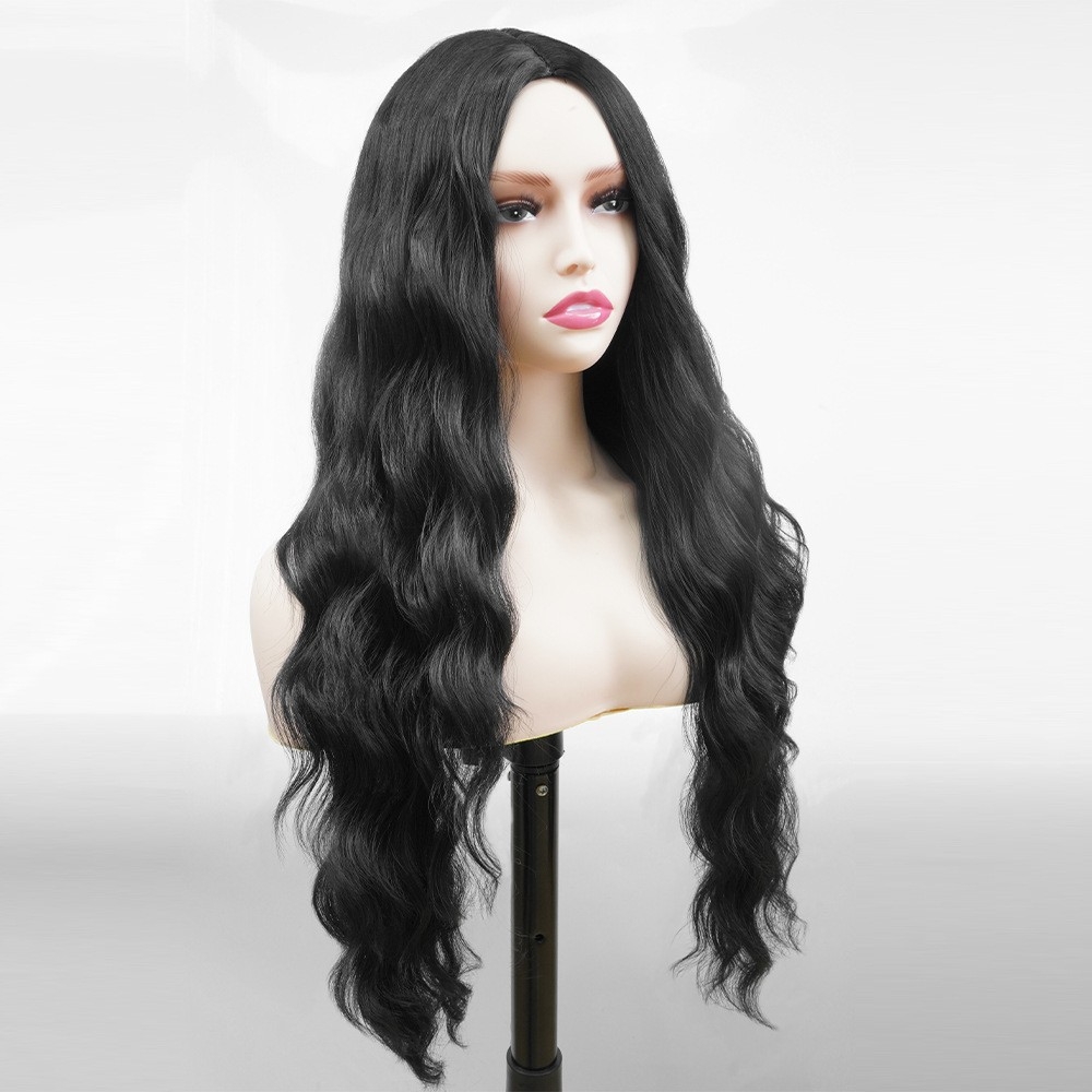 Wholesale Cross-border European and American Synthetic Fiber Full Head Black Large Wavy Wig