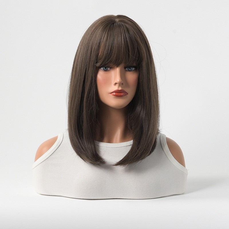 Women's Black Straight Bobo Style Wig with Bangs - Shoulder-Length - Synthetic Fiber - Non-Handmade Mechanism