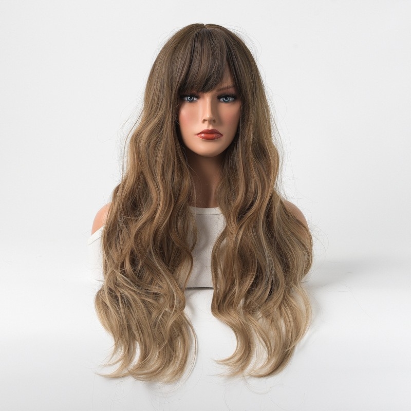 Cross-Border European and American Trade - Mechanism-Made Synthetic Fiber Wig with Air Bangs - Large Curls - Black to Brown Gradient