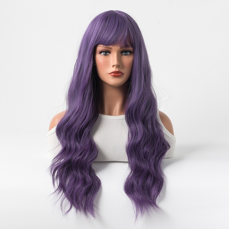 European and American Style Wig for Women - Yiwu Factory - Mechanism-Made Synthetic Fiber - Side-Swept Bangs - Wavy Curls - Violet Color - High-Temperature Silk