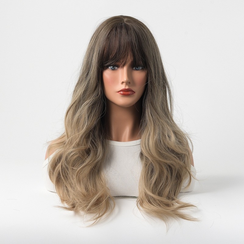 European and American Style Full Head Wig for Women with Highlighted Long Curly Hair and Bangs - Synthetic Fiber - New Arrival - Mechanism-Made