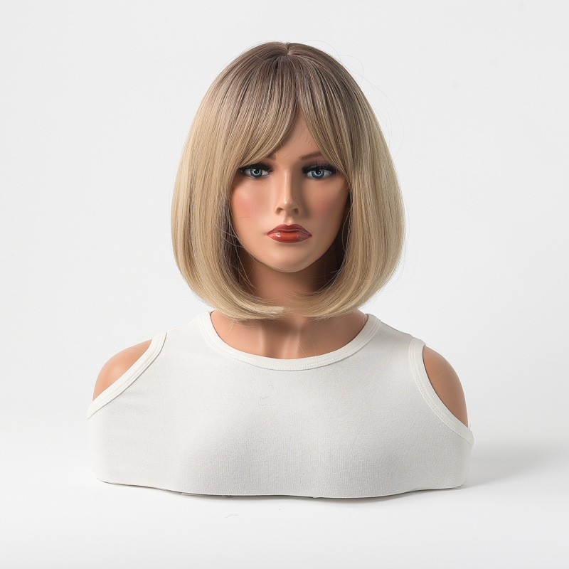 Cross-Border Amazon European and American Style Full Head Wig - Brown to Golden Gradient Bobo Style - Eight-Shaped Bangs - Beautiful Hair