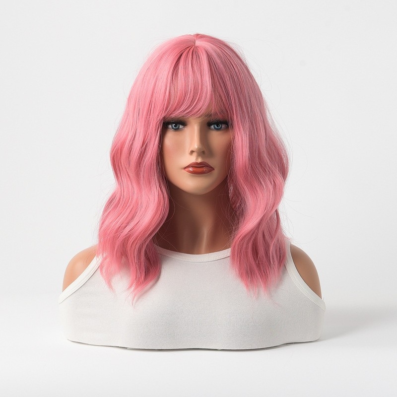 Pink Curly Hair Bob Wig with Air Bangs - Medium-Length - Women's Synthetic Fiber - Mechanism-Made - Rose Net - Full Head Wig