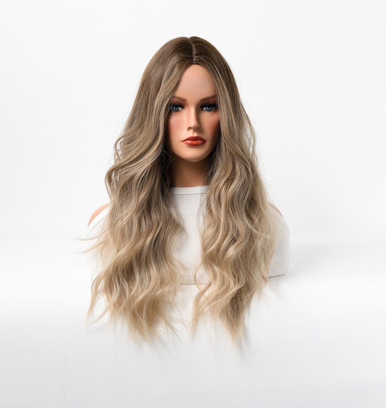 Mechanism-Made Women's Wig with Natural-Looking Long Curly Hair - Bangs-free - Center Parting - Brown with Highlighted Hair - Suitable for Amazon and AliExpress