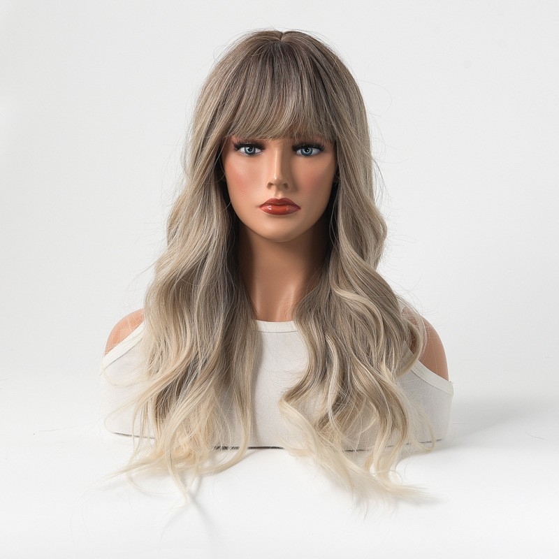 Cross-Border European and American Women's Hair - Hairpiece with Bangs - Long Curly Hair - Gradual Platinum Blonde Color - Mechanized Synthetic Fiber - New Product