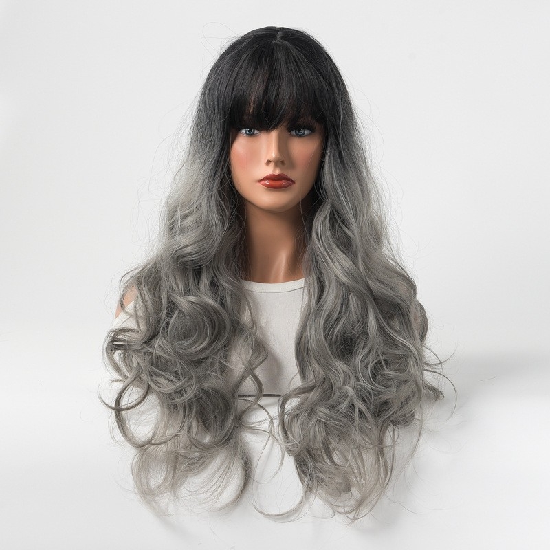 European and American Women's Wig - Mechanized Synthetic Fiber - Long Curly Hair with Bangs - Black to Gray Ombre - Ideal for Cosplay