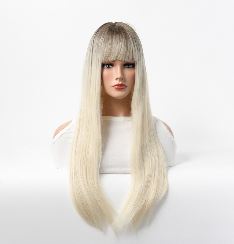 New Arrival European and American Wig - Straight Hair - Cross-Border Trade - Long Straight Hair with Bangs - Milk Gold Color - Full Head Wig