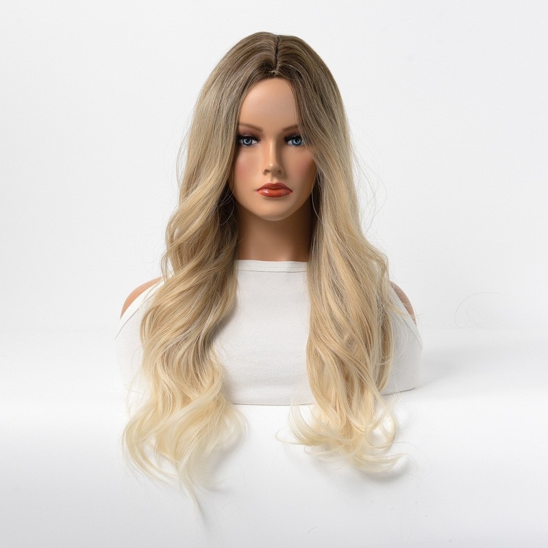 European and American Wig for Women - No Bangs - Center Parting - Long Curly Hair - Brown to Golden Gradient Color - Mechanism-Made Synthetic Fiber Wig