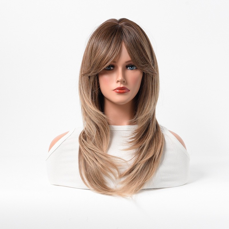 New Trending European and American Style Wig - Brown and Gradient Eight-Shaped Bangs - Mechanism-Made Full Head Wig - Textured Long Curly Hair