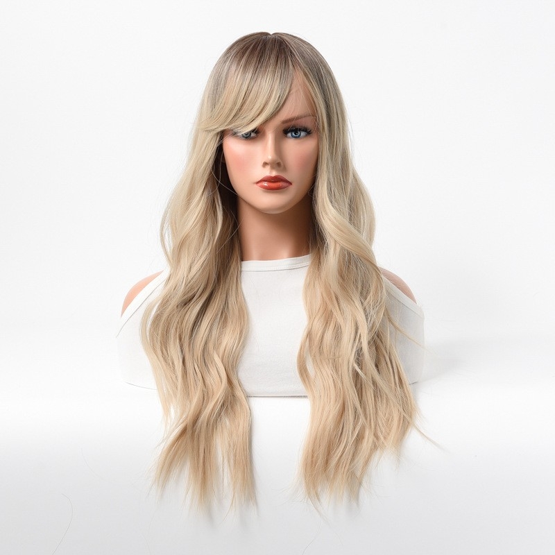 Women's Wig with Slanted Bangs - New Arrival - Synthetic Fiber - Long Curly Hair - Big Waves - Dyed Gradient - Full Head Wig