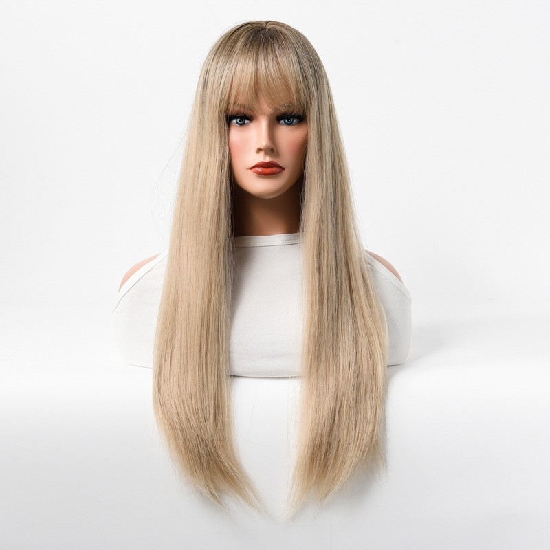 Yiwu Factory European and American Style Wig - Milk Tea Three-Tone Gradient - Air Bangs - Long Straight Hair - Cosplay Wig